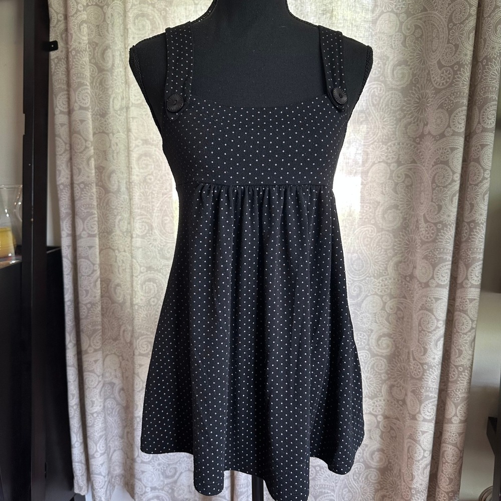 Vintage Y2k Karma Polka Dot Babydoll Tunic Top Mini Dress Button Black White M
